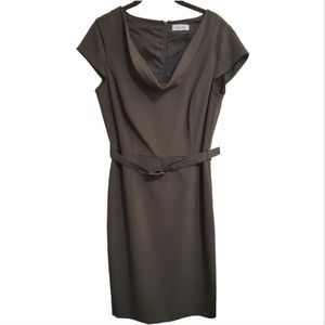 Calvin Klein Dress Womens Sz 8 Olive Green Cowl Neck Cap Sleeve Belted